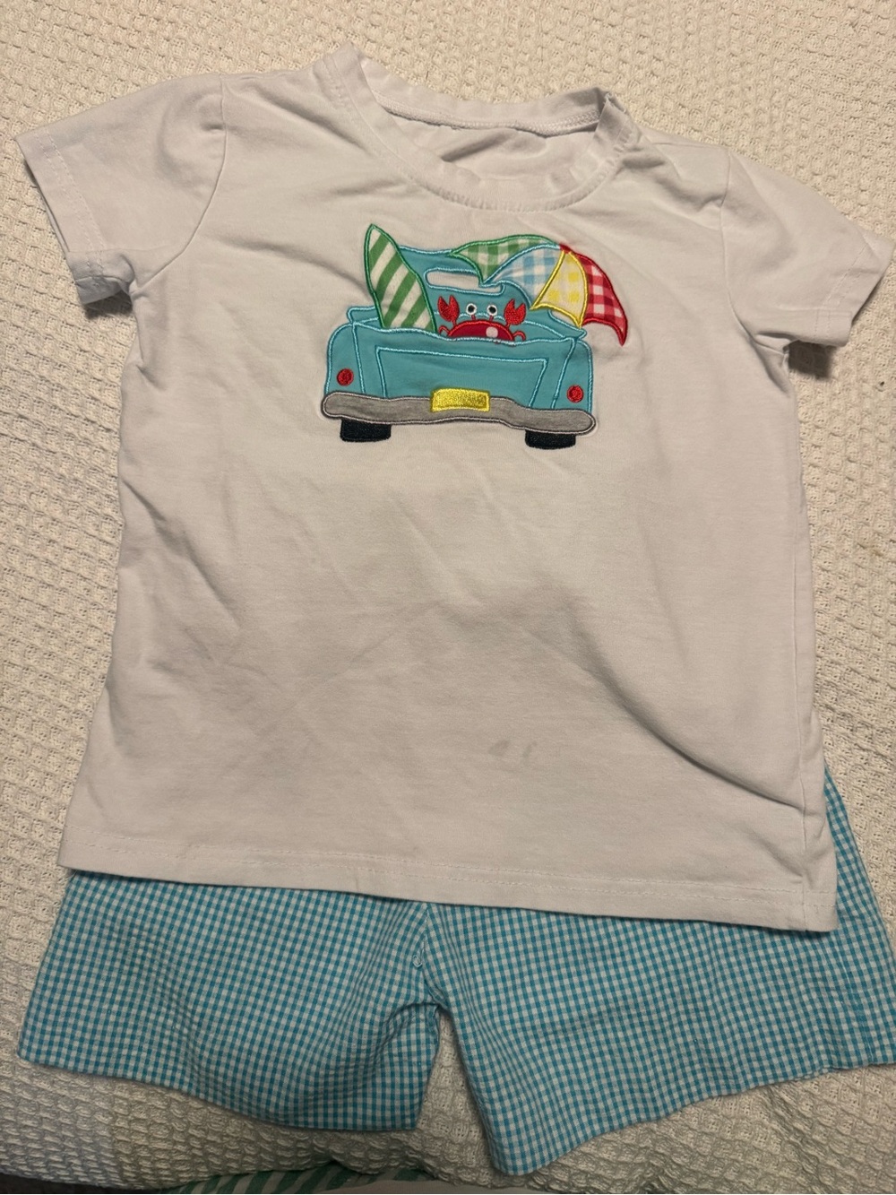White Kids Short Sleeve Tee with Aqua Truck & Surf Applique